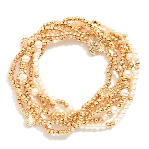 Wholesale set Six Metal Beaded Stretch Bracelets Pearls Clovers D