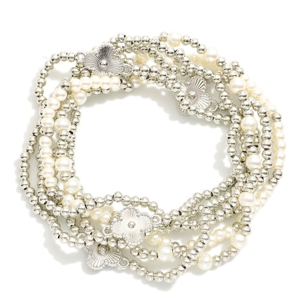 Wholesale set Six Metal Beaded Stretch Bracelets Pearls Clovers D