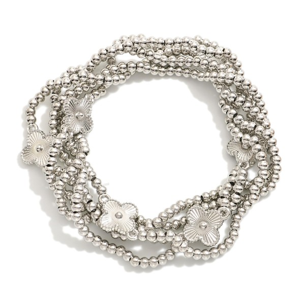 Wholesale set Five Metal Beaded Stretch Bracelets Textured Metal Clover Accent D