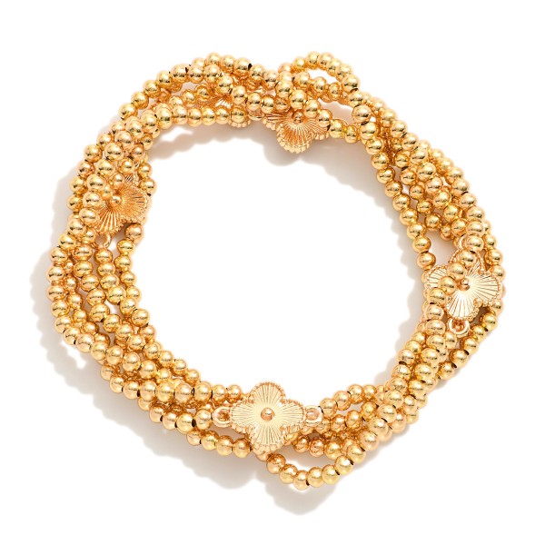 Wholesale set Five Metal Beaded Stretch Bracelets Textured Metal Clover Accent D