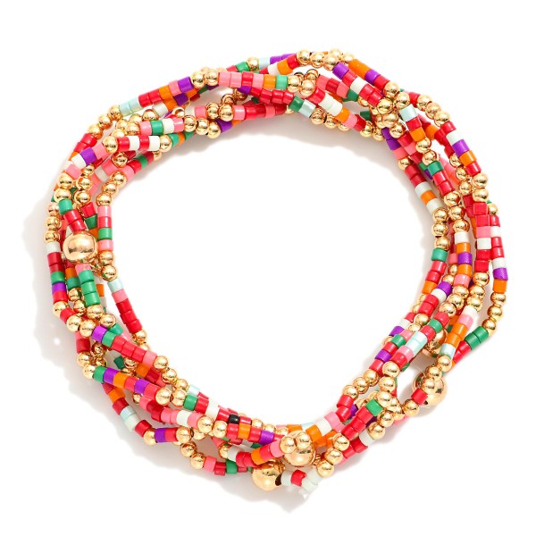 Wholesale set Six Seed Beaded Stretch Bracelets Metal Tones L