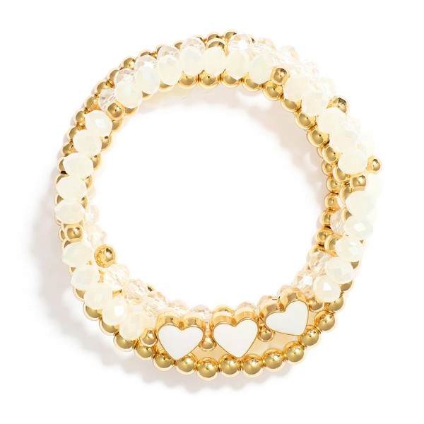 Wholesale set Five Beaded Stretch Bracelets Metal Tones Faceted Beads Hearts D