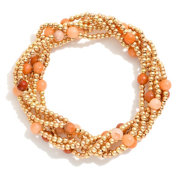 Wholesale set Six Beaded Stretch Bracelets Metal Tones Stone D