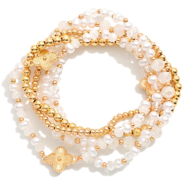 Wholesale set Five Beaded Stretch Bracelets Metal Tones Faceted Beads Clover Acc