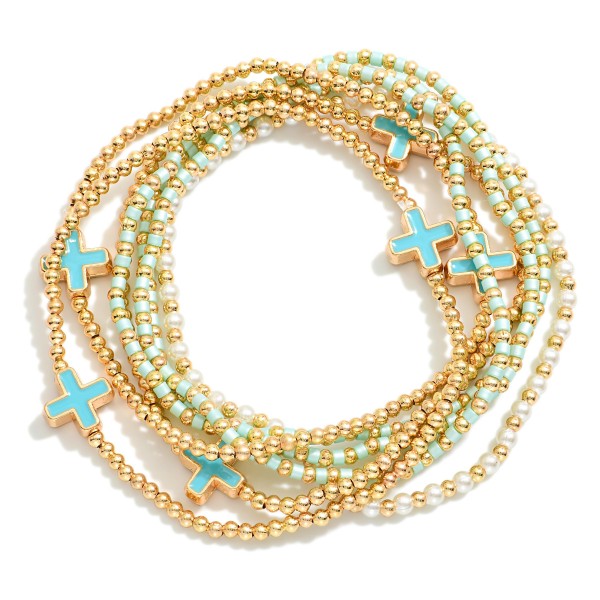 Wholesale set Seven Beaded Stretch Bracelets Metal Tones Pearls Enamel Criss Cro