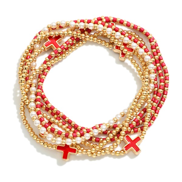 Wholesale set Seven Beaded Stretch Bracelets Metal Tones Pearls Enamel Criss Cro