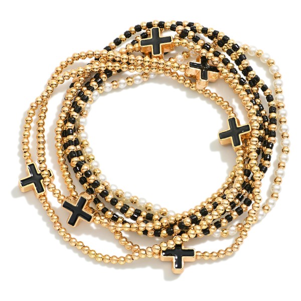 Wholesale set Seven Beaded Stretch Bracelets Metal Tones Pearls Enamel Criss Cro