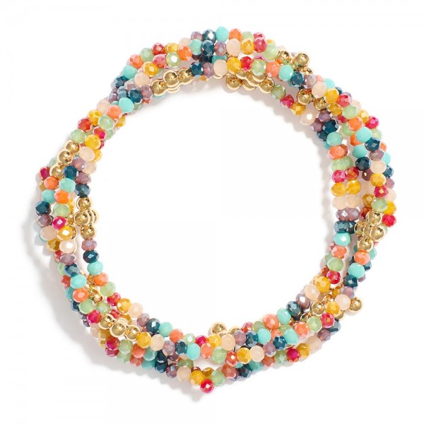 Wholesale set Five Beaded Stretch Bracelets Faceted Beads Metal Bubble Criss Cro