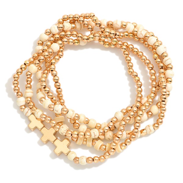 Wholesale set Five Beaded Stretch Bracelets Metal Tones Stone D