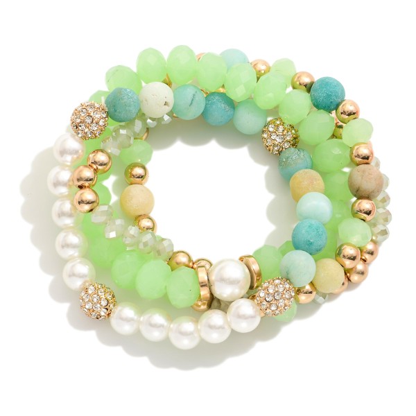 Wholesale set Four Beaded Stretch Bracelets Semi Precious Stone Pearls Faceted B