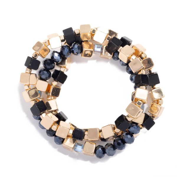Wholesale set Three Square Beaded Stretch Bracelets Metal Tones Stone L
