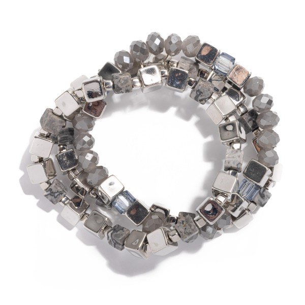 Wholesale set Three Square Beaded Stretch Bracelets Metal Tones Stone L