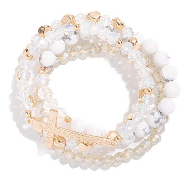 Wholesale set Four Beaded Stretch Bracelets Stone Beads Metal East West Cross D