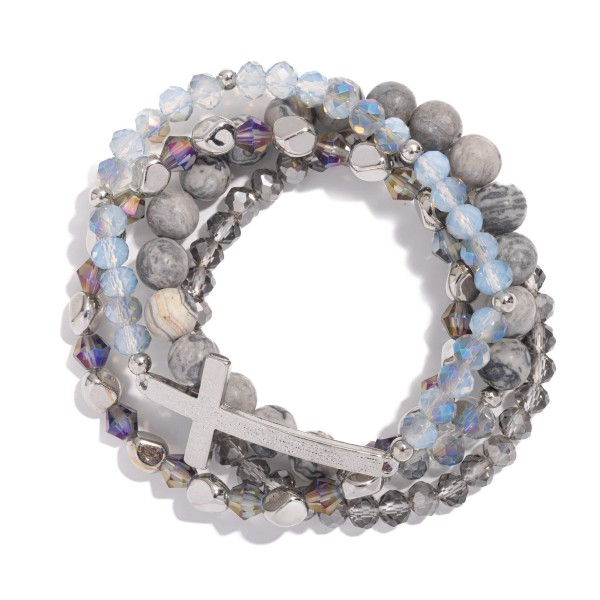 Wholesale set Four Beaded Stretch Bracelets Stone Beads Metal East West Cross D