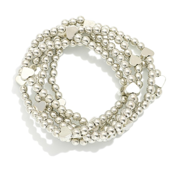 Wholesale set Five Metal Beaded Stretch Bracelets Dainty Metal Heart Beads D