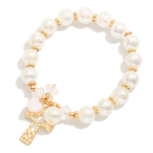 Wholesale beaded Stretch Bracelet Cracked Iridescent Beads Metal Cross Charm D