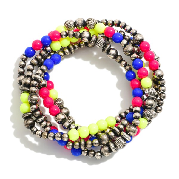Wholesale set Three Brushed Metal Beaded Bracelets Textured Multi Color Beads D