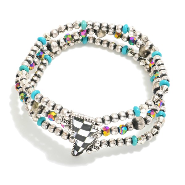 Wholesale layered Beaded Stretch Bracelet Brushed Beads Turquoise Checker Lightn