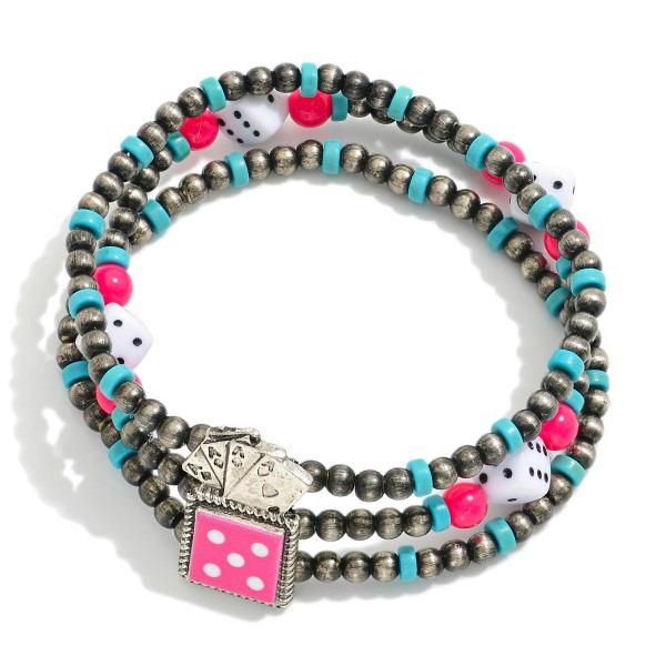 Wholesale set Three Brushed Metal Beaded Bracelets Dice Beads Enamel Playing Car
