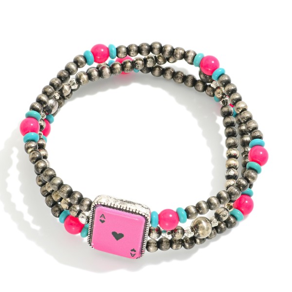 Wholesale set Three Brushed Metal Beaded Bracelets Enamel Playing Card D