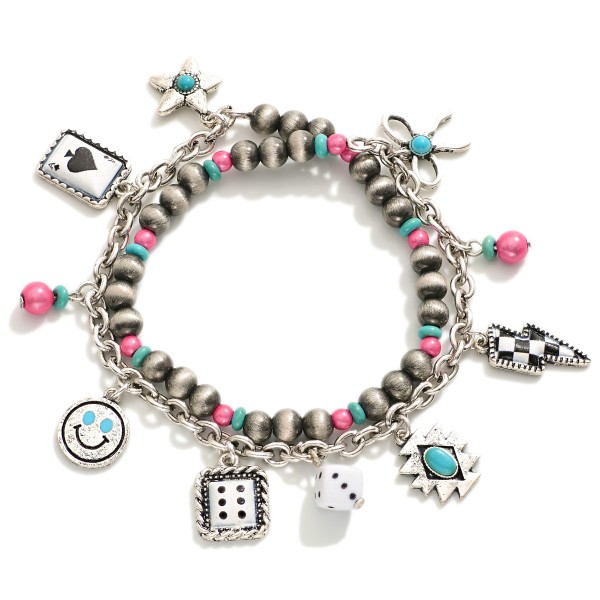 Wholesale set Two Charm Beaded Bracelets Western Charms Brushed Metal Beads D