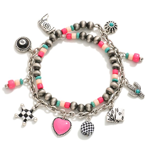 Wholesale set Two Charm Beaded Bracelets Western Charms Brushed Metal Beads D
