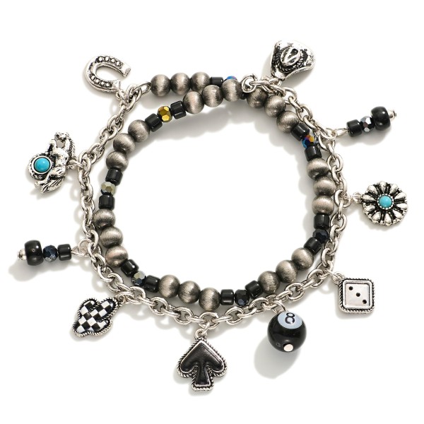 Set Of Two Charm & Beaded Bracelets Featuring Western Charms & Brushed Metal Beads 

- Approximately 3" D