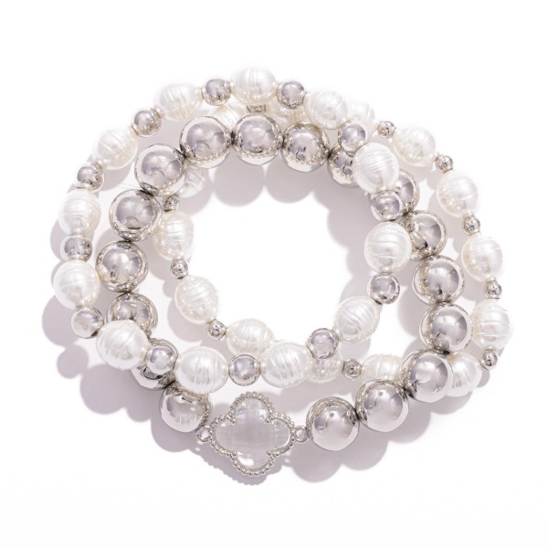 Wholesale set Three Metal Pearl Beaded Stretch Bracelets Glass Crystal Clover De