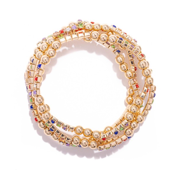 Wholesale set Four Metal Beaded Stretch Bracelets Rhinestone Accents D