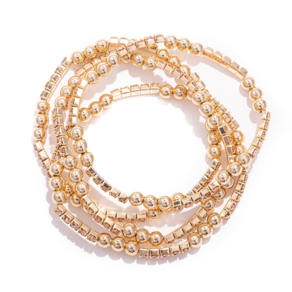 Wholesale set Four Metal Beaded Stretch Bracelets Rhinestone Accents D