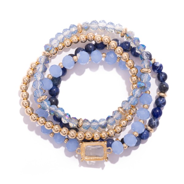 Wholesale set Four Beaded Stretch Bracelets Metal Tones Stone Faceted Beads D