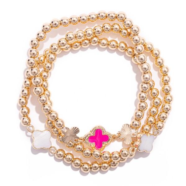 Wholesale set Three Metal Beaded Stretch Bracelets Pearl Enamel Clovers D