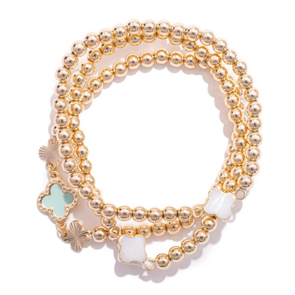 Wholesale set Three Metal Beaded Stretch Bracelets Pearl Enamel Clovers D