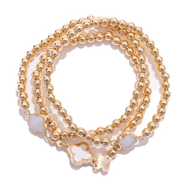 Wholesale set Three Metal Beaded Stretch Bracelets Pearl Enamel Clovers D