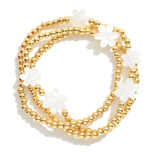 Wholesale set Three Metal Beaded Stretch Bracelets Pearl Flower Accents D