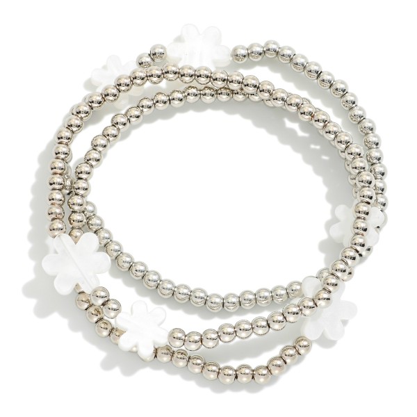 Wholesale set Three Metal Beaded Stretch Bracelets Pearl Flower Accents D
