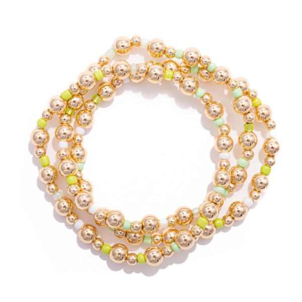Wholesale set Three Beaded Stretch Bracelets Metal Tones Seed Beads D