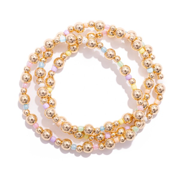 Wholesale set Three Beaded Stretch Bracelets Metal Tones Seed Beads D
