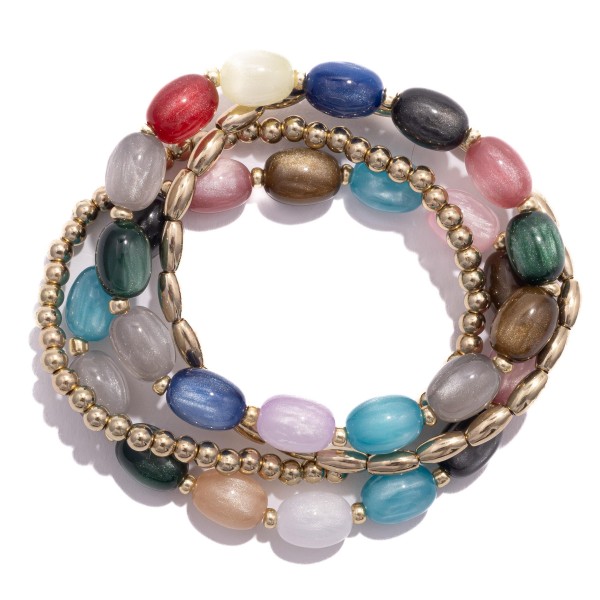 Wholesale set Four Beaded Stretch Bracelets Metal Tones Acetate Beads D