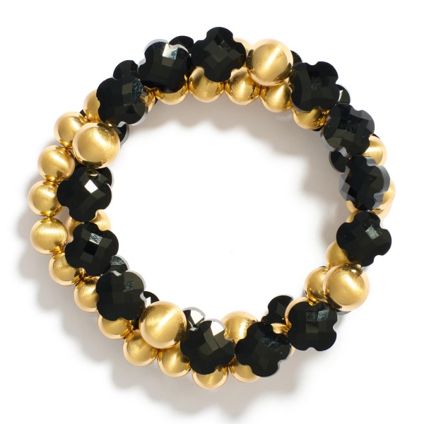 Wholesale set Three Beaded Stretch Bracelets Faceted Clover Beads Metal Tones D
