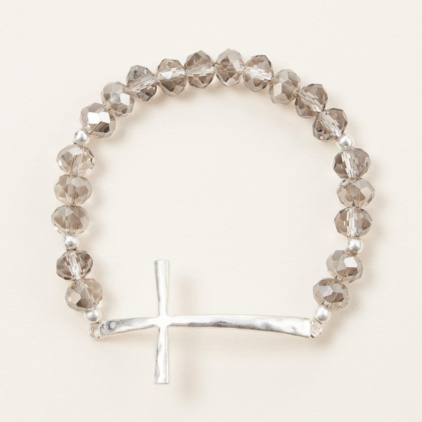Wholesale faceted Bead Beaded Stretch Bracelet Hammered Metal East West Cross D
