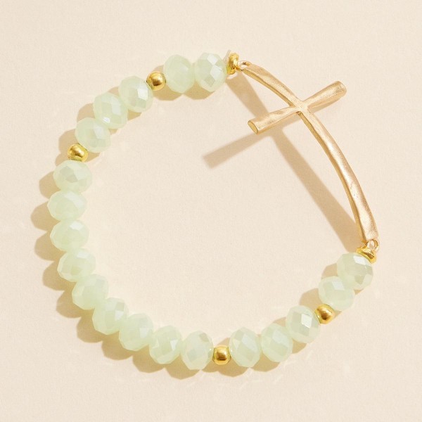 Wholesale faceted Bead Beaded Stretch Bracelet Hammered Metal East West Cross D