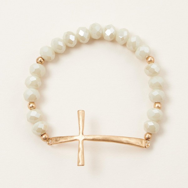 Wholesale faceted Bead Beaded Stretch Bracelet Hammered Metal East West Cross D