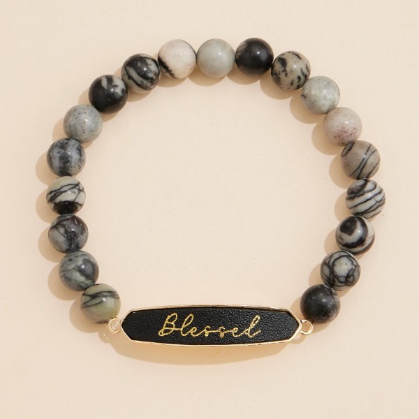Wholesale stone Beaded Stretch Bracelet Vegan Leather Blessed Plate D