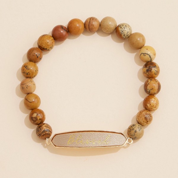 Wholesale stone Beaded Stretch Bracelet Vegan Leather Blessed Plate D