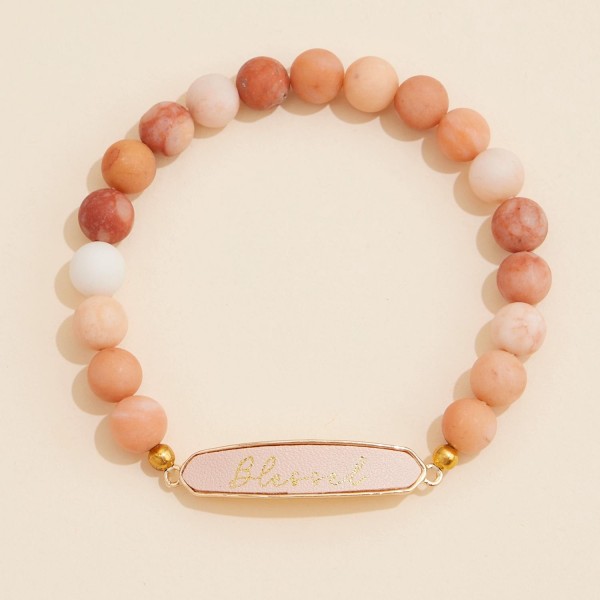 Wholesale stone Beaded Stretch Bracelet Vegan Leather Blessed Plate D