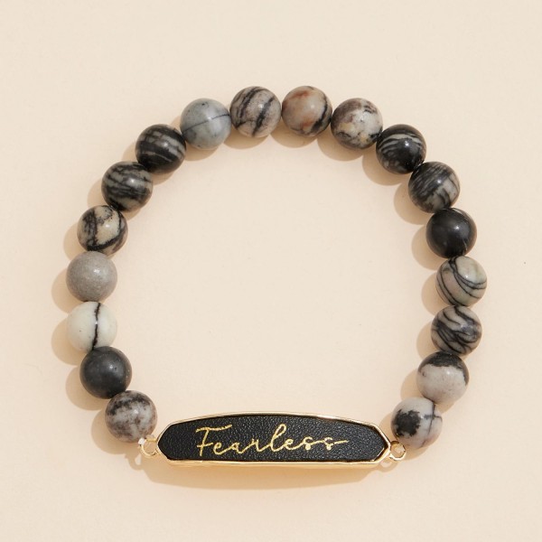 Wholesale stone Beaded Stretch Bracelet Vegan Leather Fearless Plate D