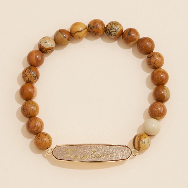 Wholesale stone Beaded Stretch Bracelet Vegan Leather Fearless Plate D