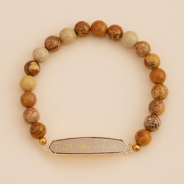 Wholesale stone Beaded Stretch Bracelet Vegan Leather Faith Fear Plate D