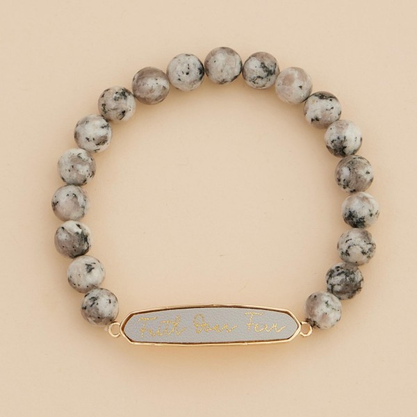 Wholesale stone Beaded Stretch Bracelet Vegan Leather Faith Fear Plate D